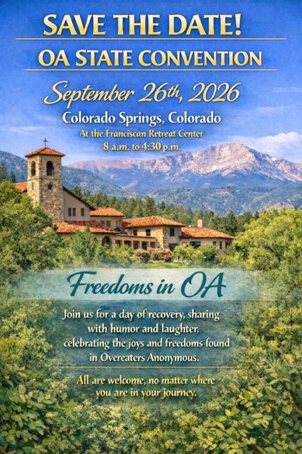 Poster announcing the OA State Convention on Sept. 26, 2026 in Colorado Springs; features mountains and a retreat center.